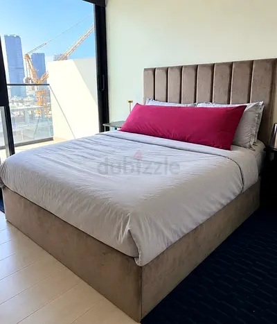 King size upholstered bed with storage - neutral beige, excellent condition