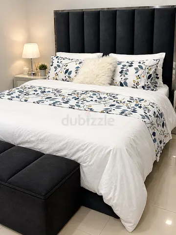 Gray Velvet Queen Bed with Tall Channel Tufted Headboard + Matching Storage Ottoman + Clean Mattress