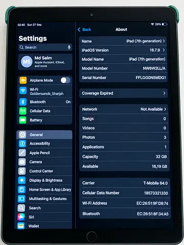 *Apple iPad 7th Gen 10.2" - iPadOS 18.7.9 - WiFi + Cellular - 100% Working Condition*