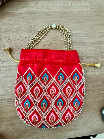 Embroidered Red Potli Bag with Beaded Handle