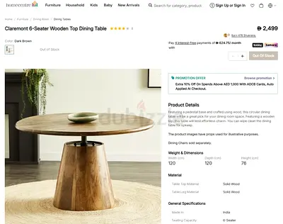 Claremont 6-Seater Wooden Top Dining Table (120x120x76 cm)
