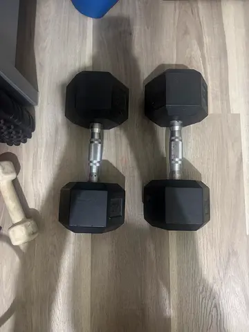 Pair of hex rubber dumbbells (adjustable grip) - 25 kg each (used)