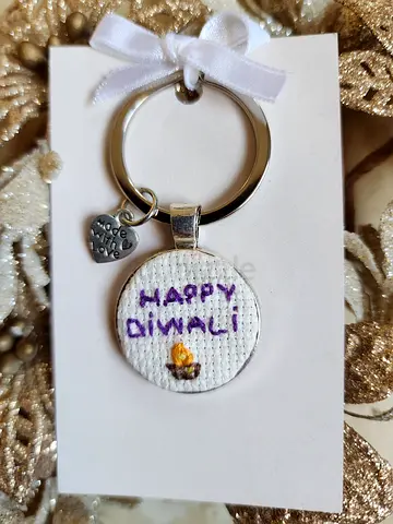 Handmade 'Happy Diwali' Embroidered Keychain with Heart Charm