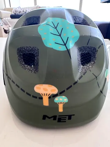 Kids MET Bicycle Helmet — Olive Green with Mushroom Design, Size XS