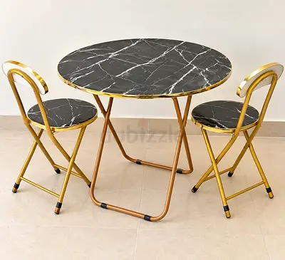 Compact 3-piece Folding Bistro Set — Black Marble Top with Gold Frame