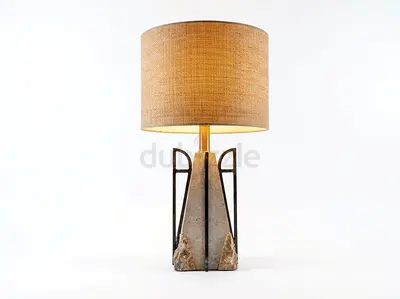 Modern Brutalist Travertine Stone Table Lamp - Geometric Gold Metal Cage Accent (70 cm H)