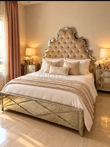 Luxury Bed Frame with Ornate Mirrored Headboard & comfortable mattress – Champagne Gold Finish