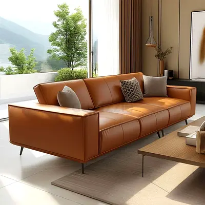Modern Tan Leather 3-Seater Sofa —