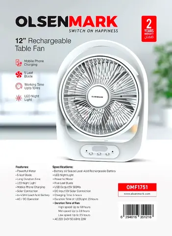 Olsenmark 12" Rechargeable Table Fan with LED Night Light (OMF1751)