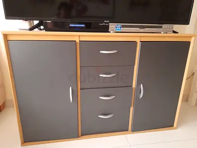 Wooden TV Cabinet with Center Drawers and Side Cupboards