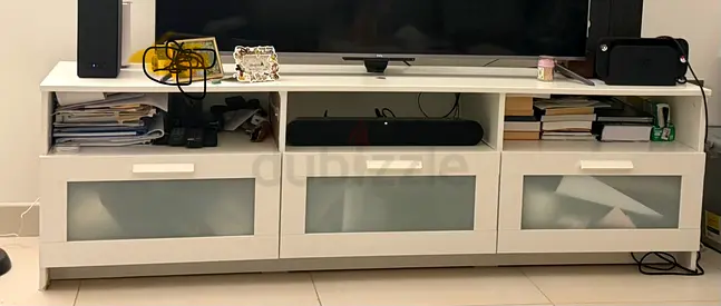 White TV Unit / Entertainment Center with Frosted Glass Drawers - Good Condition