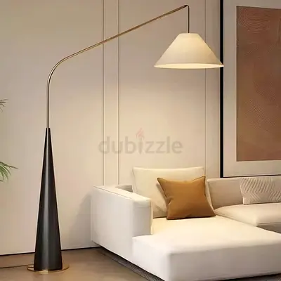 Modern arched floor lamp with fabric shade — black & gold