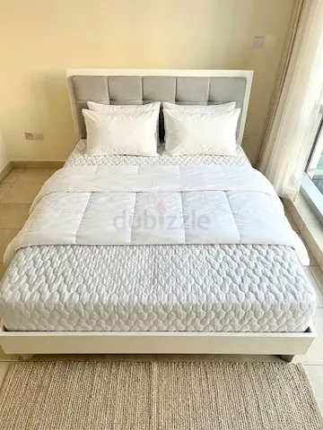 White Double Bed Frame with Padded Headboard - Good Condition