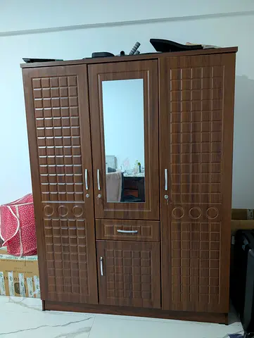 Wooden 3-Door Wardrobe with Mirror — Good Condition