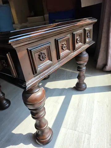 Hand-Carved Solid Wood Side Table with Glass Top