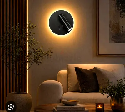 Modern Round Wall Sconce with Ambient Backlight - Black Finish wrom 360 degree moving
