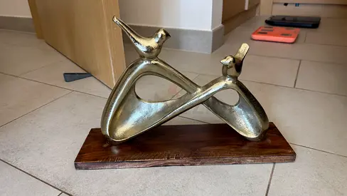 Gold Bird Sculpture with Wooden Base – Home Decor