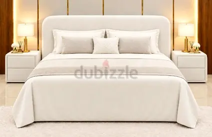 Upholstered King Size Bed Frame with Headboard in Cream Including Mattress