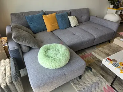 L-shaped sofa — right or left hand chaise, heathered grey fabric upholstery, adjustable back