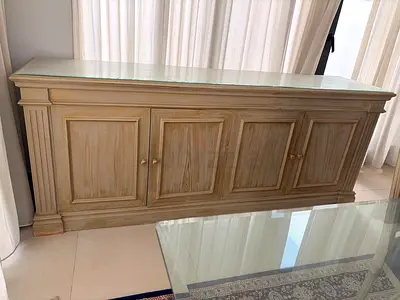 Whitewashed Wood 4-Door Sideboard with Glass Top