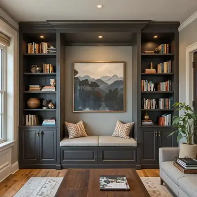Custom Built-in Bookshelf Unit with Bench Seating - Dark Grey