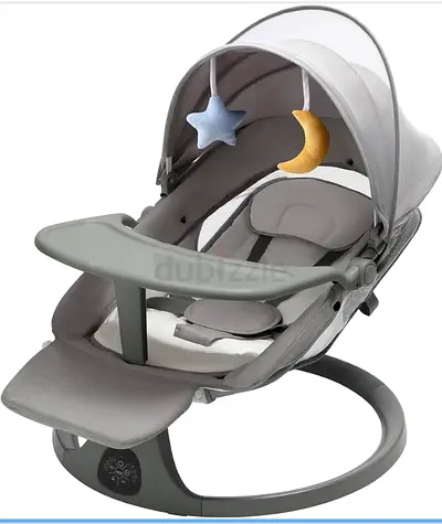 Grey baby rocker bouncer with canopy and toy bar — like new