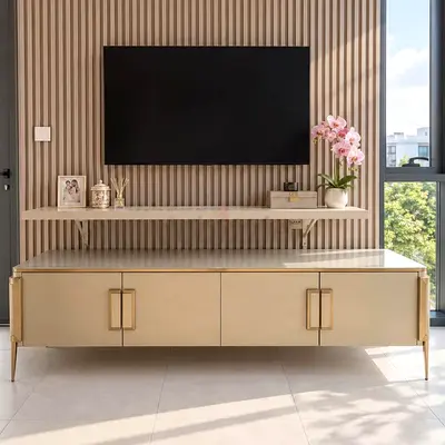 Luxury Gold/beige TV entertainment cabinet with gold handles + Free Delivery 🚘