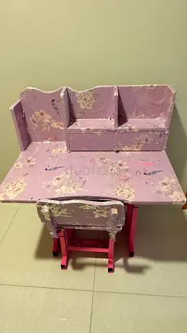 Kids study table and chair set - pink floral, used