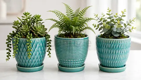 Set of 3 Ceramic Plant Pots with Saucers - Teal