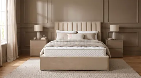 Valvet upholstered King bed with paded headboard