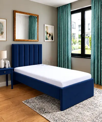 New Blue upholstered single bed frame with headboard -