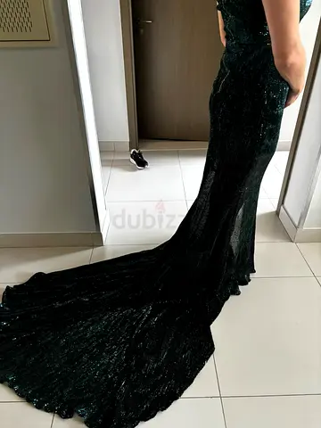 Dark green sequined evening gown with long train, size small