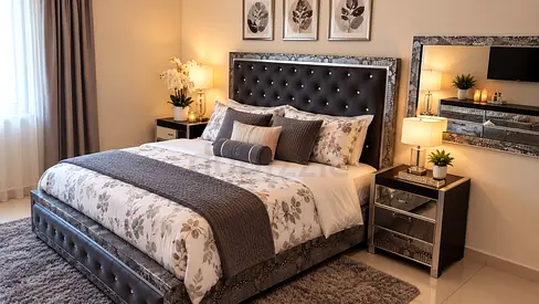 King size upholstered bed set complete with padded headboard - good condition