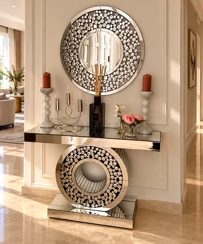 Modern Mirrored Console Table with Decorative Round Mirror - Like New