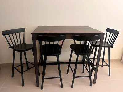 IKEA- Set of 1 high dining table with 4 matching bar stools - dark finish