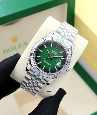 Rolex Datejust-style men's Master Quality watch with green dial, stainless steel jubilee bracelet