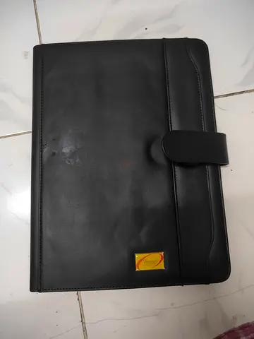 Black leather document folio / portfolio with snap closure