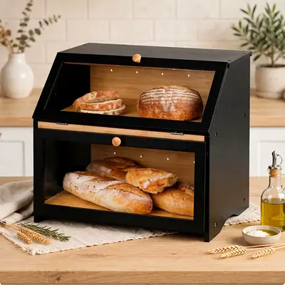 Wooden 2-Tier Bread Box Cabinet with Glass Front — Black