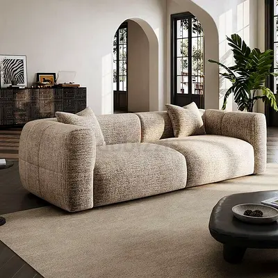 Modern 3-Seater Curved Beige Fabric Sofa - Comfortable Lounger