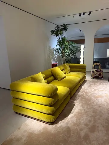 Modern plush yellow velvet 3-seater sofa
