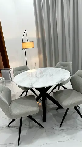 Haven Marble-Top Dining Table with 4 Swivel Chairs – Excellent Condition