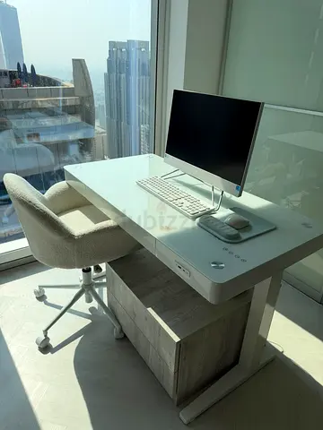 Modern white adjustable standing desk with swivel chair - good condition + printer
