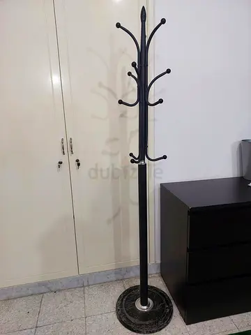Black metal standing coat rack with umbrella base - clothes hanging stand