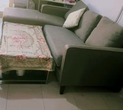 3-seater L-shaped grey fabric sofa with chaise - good condition
