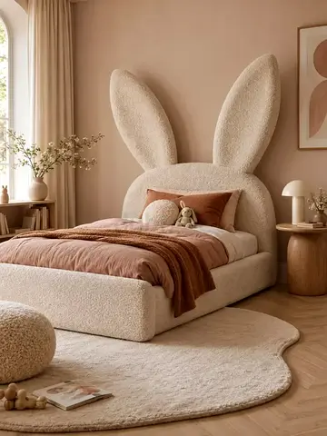 Cute Bunny Ears Single Bed with Upholstered Headboard — Cream Bouclé, Kids/Teen Size