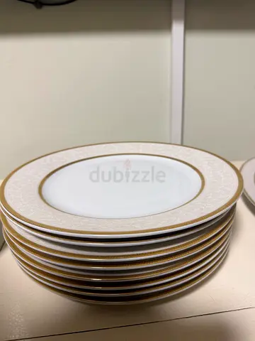 Set of 8 Decorative White and Gold Dinner Plates 8 quarter plates 8 soup bowls and 1 rice tray