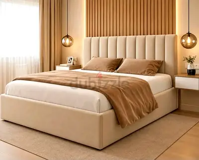 Beige Upholstered queen Bed with mattress- brand new