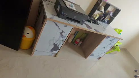 Wooden top wooden office desk with storage cabinets — good condition