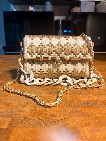 Woven Straw Crossbody Bag with Chunky Chain Strap - Beige