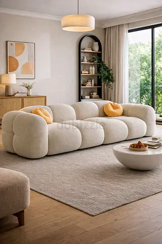 Modern Curved 3-Seater Plush Sofa in Cream —